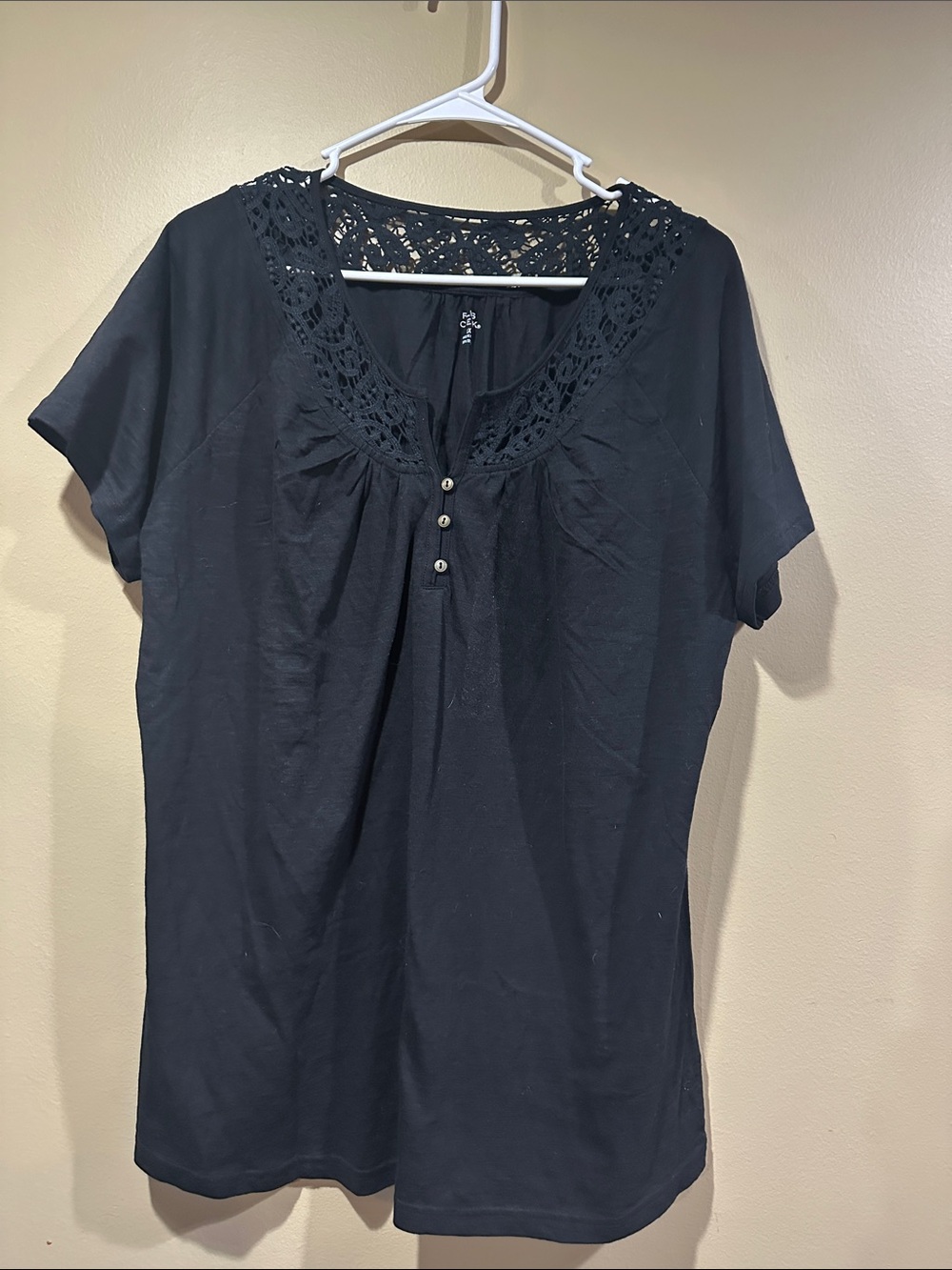 Falls Creek Black Short Sleeve Top with Crochet Yoke